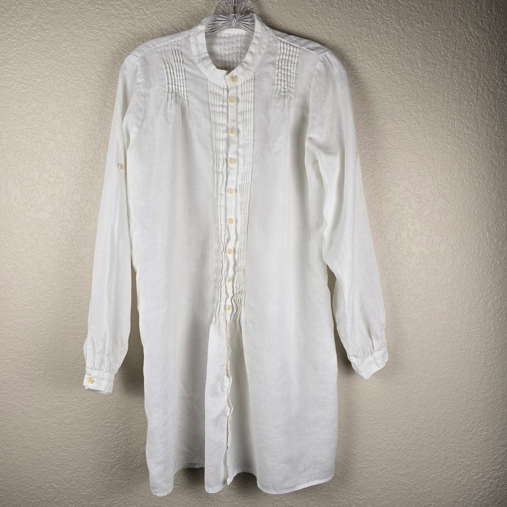 CP SHADES White Linen Pintuck Tunic Shirt Shirtdress Classic Coastal